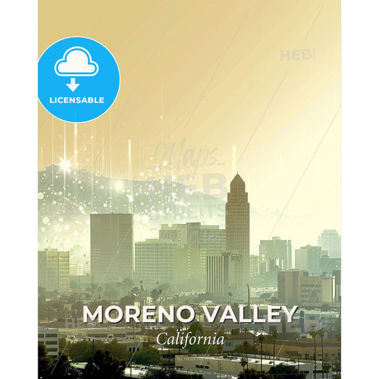 Moreno Valley City Skyline Poster Art - A city with many buildings and a mountain in the background - Square format print template