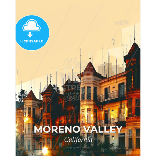 Moreno Valley City Skyline Pop Art Poster - A building with many windows - Square format print template