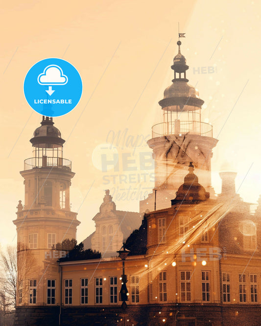 Mors, Denmark: Radiant Skyline on Beige - A building with towers and a flag on top