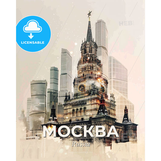Moscow City Skyline - Vibrant Poster Art - A large building with a clock tower and a city skyline - Square format print template