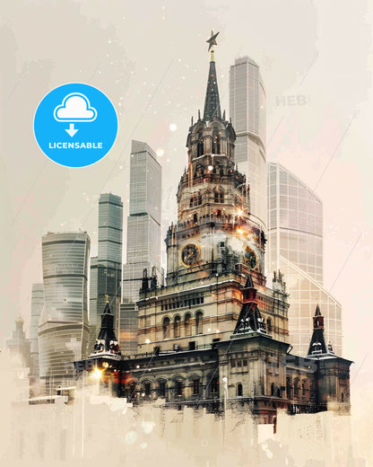 Moscow City Skyline - Vibrant Poster Art - A large building with a clock tower and a city skyline
