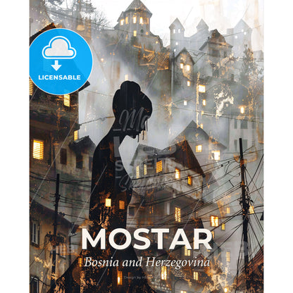 Mostar Skyline Composite Art, Bright Beige Poster - A woman walking in a city - Square format print template