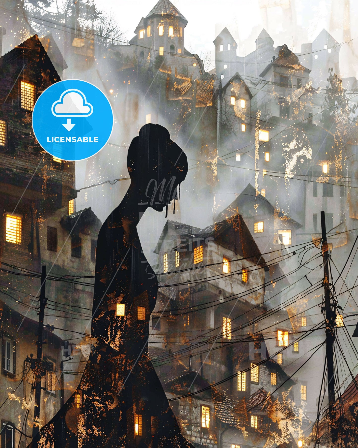 Mostar Skyline Composite Art, Bright Beige Poster - A woman walking in a city