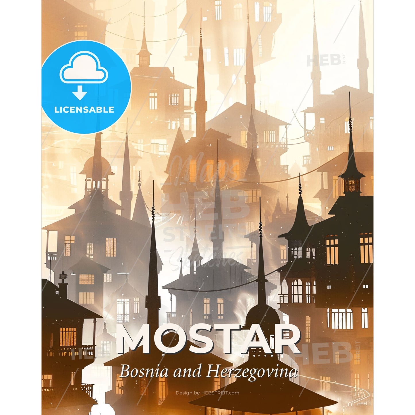 Mostar City Skyline Double Exposure Poster - A group of buildings with towers - Square format print template