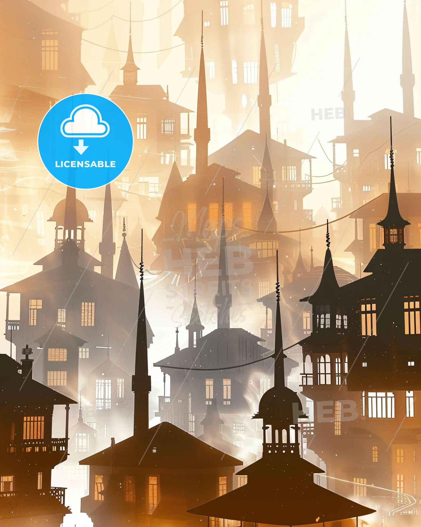 Mostar City Skyline Double Exposure Poster - A group of buildings with towers