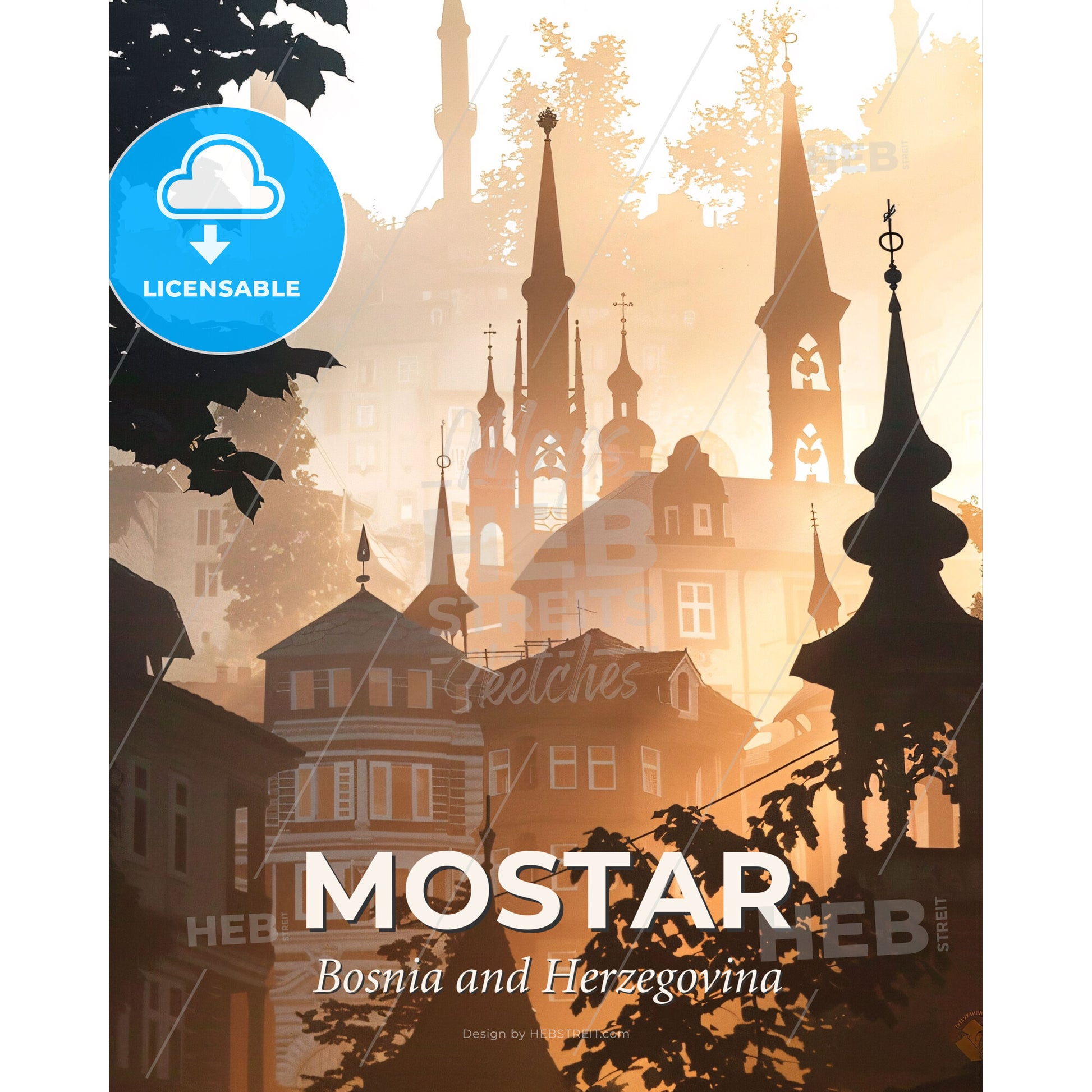 Mostar Double Exposure Composite Art Skyline Bright Beige - A group of buildings with spires and trees in the background - Square format print template