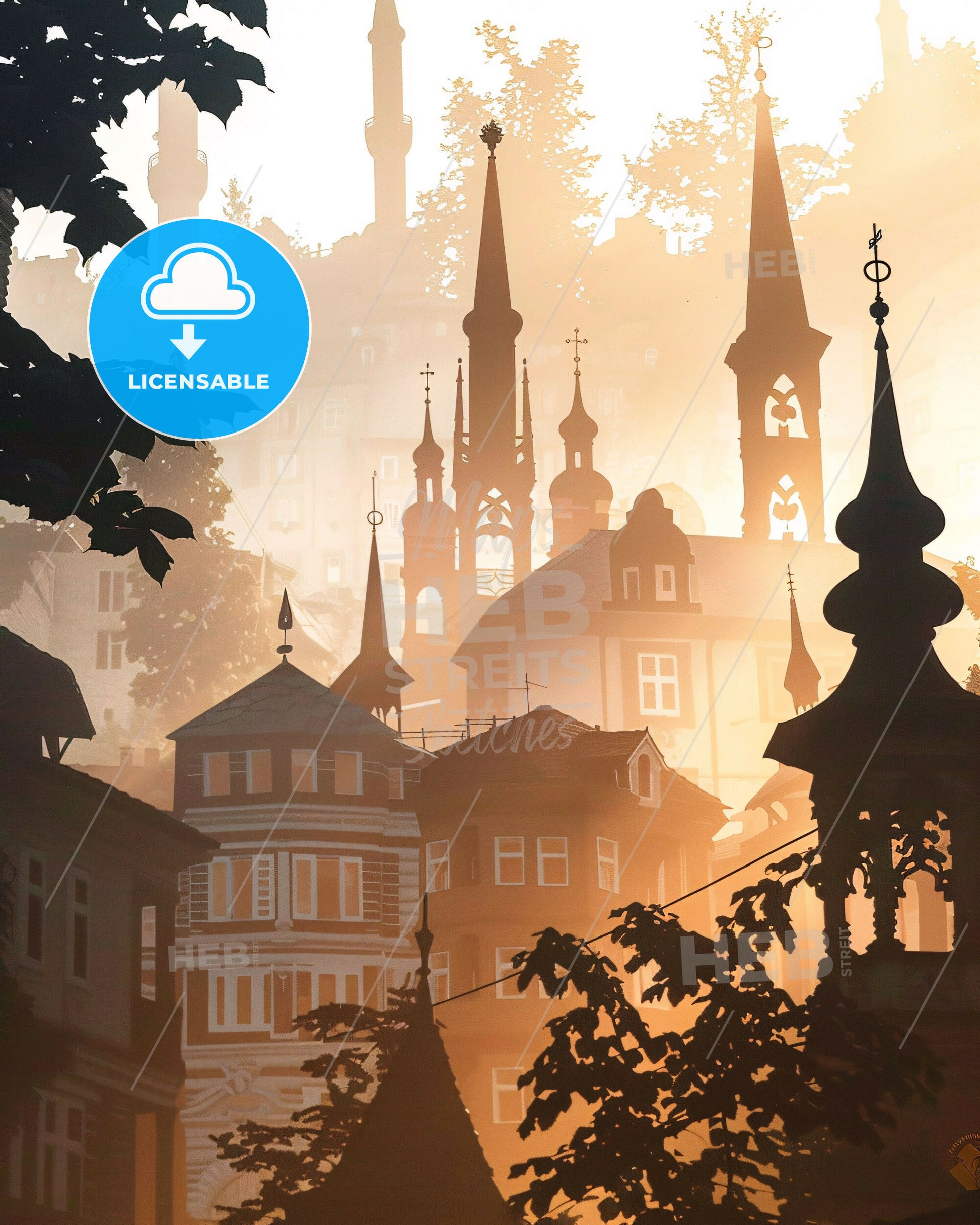 Mostar Double Exposure Composite Art Skyline Bright Beige - A group of buildings with spires and trees in the background