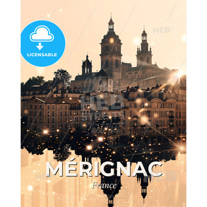 Mérignac Skyline Art Deco Double Exposure Poster - A city with many buildings and lights reflecting in water - Square format print template