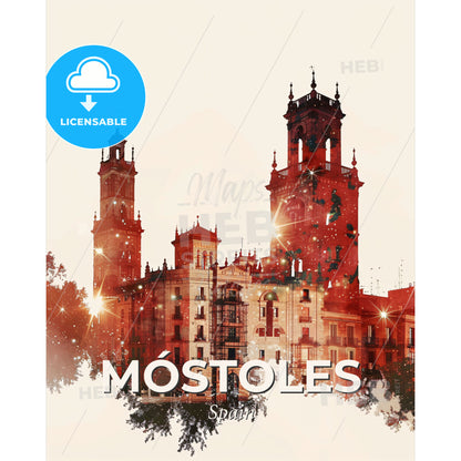 Mostoles City Skyline Architecture Beige Poster - A building with towers and lights - Square format print template