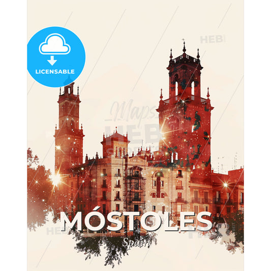 Mostoles City Skyline Architecture Beige Poster - A building with towers and lights - Square format print template