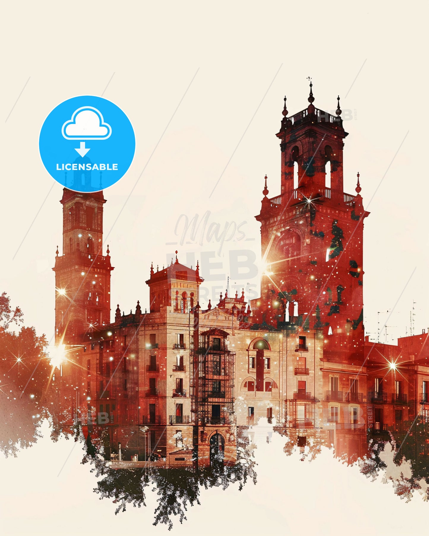 Mostoles City Skyline Architecture Beige Poster - A building with towers and lights