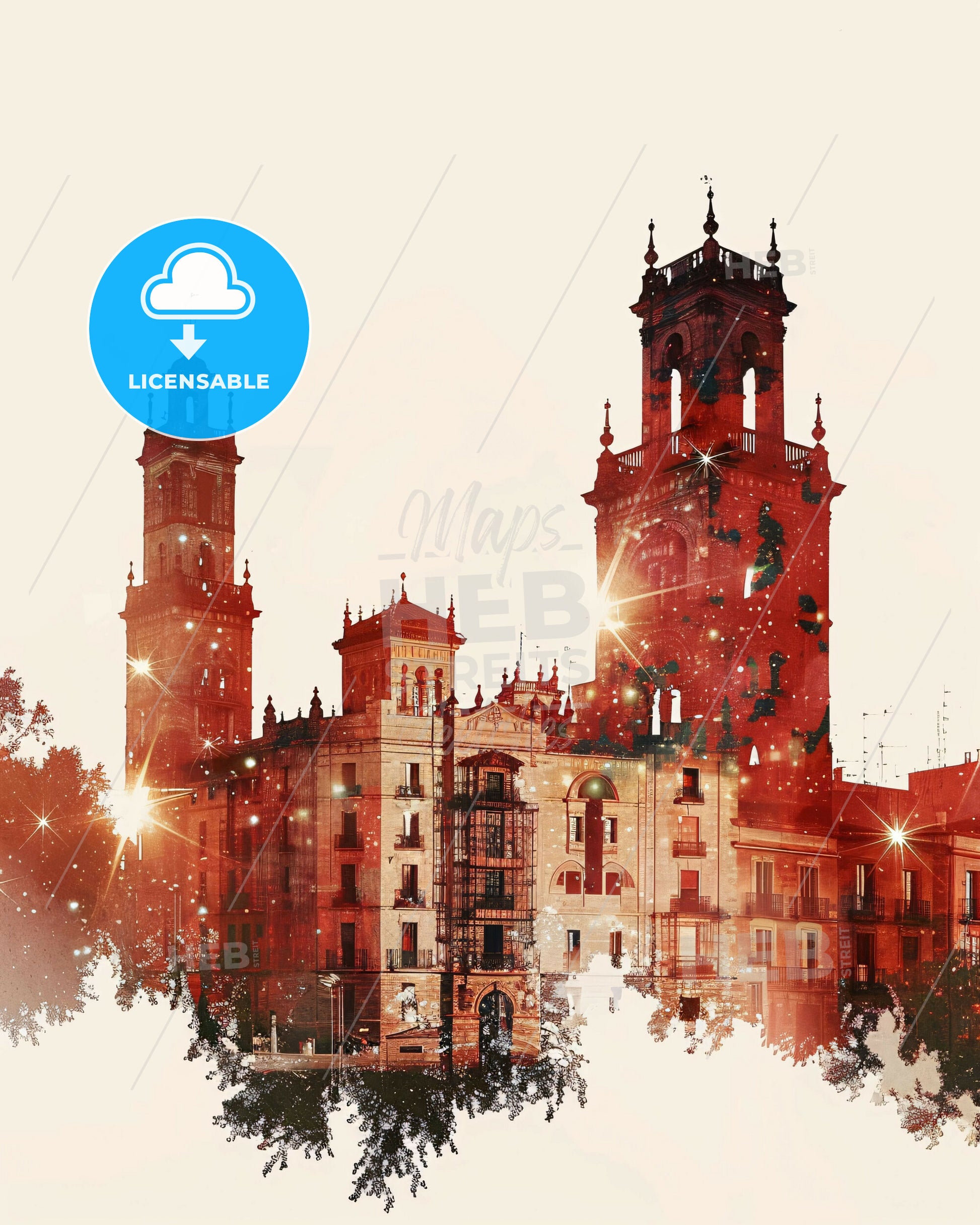 Mostoles City Skyline Architecture Beige Poster - A building with towers and lights