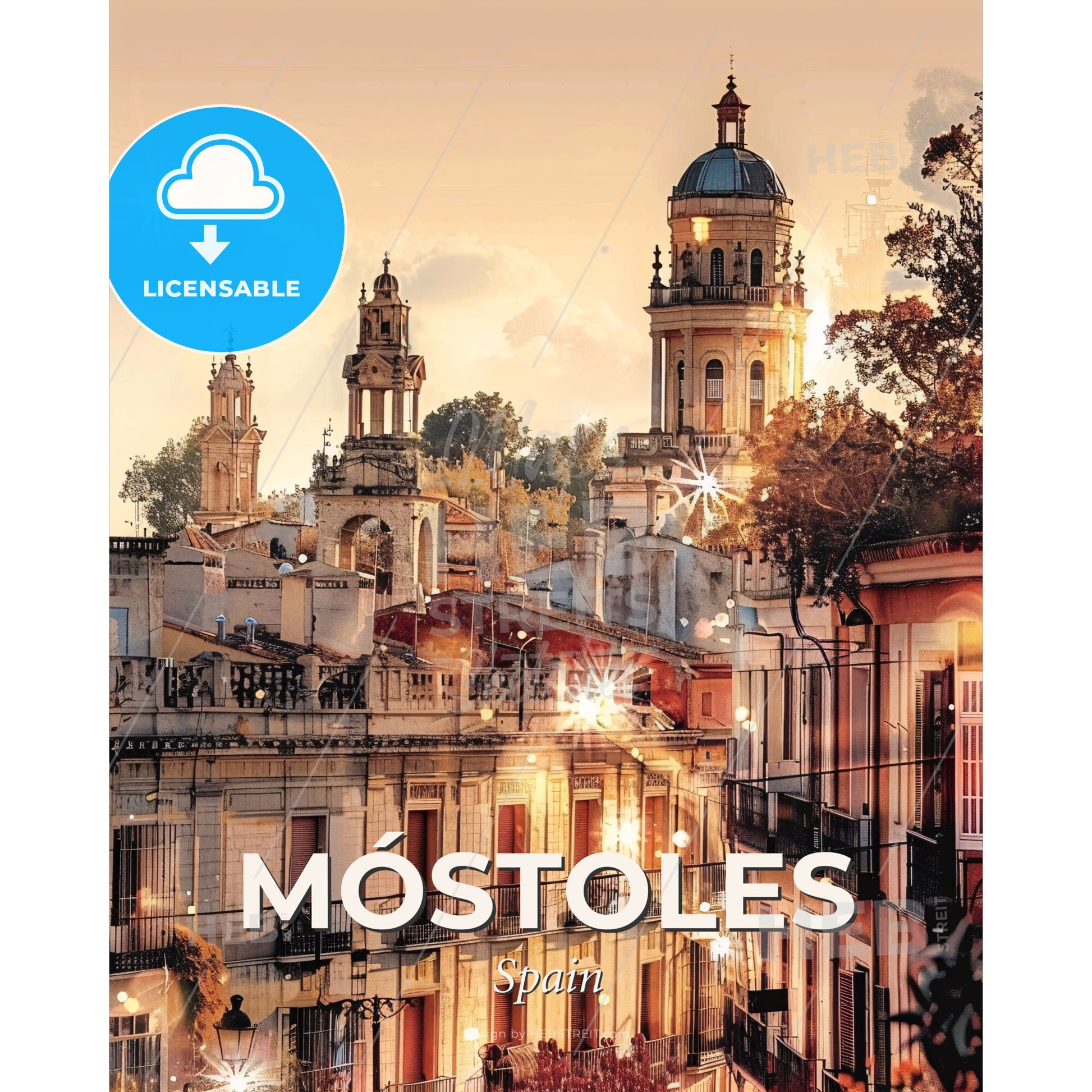 MÃ³stoles: City Skyline Art with Local Icons - A city with buildings and trees - Square format print template