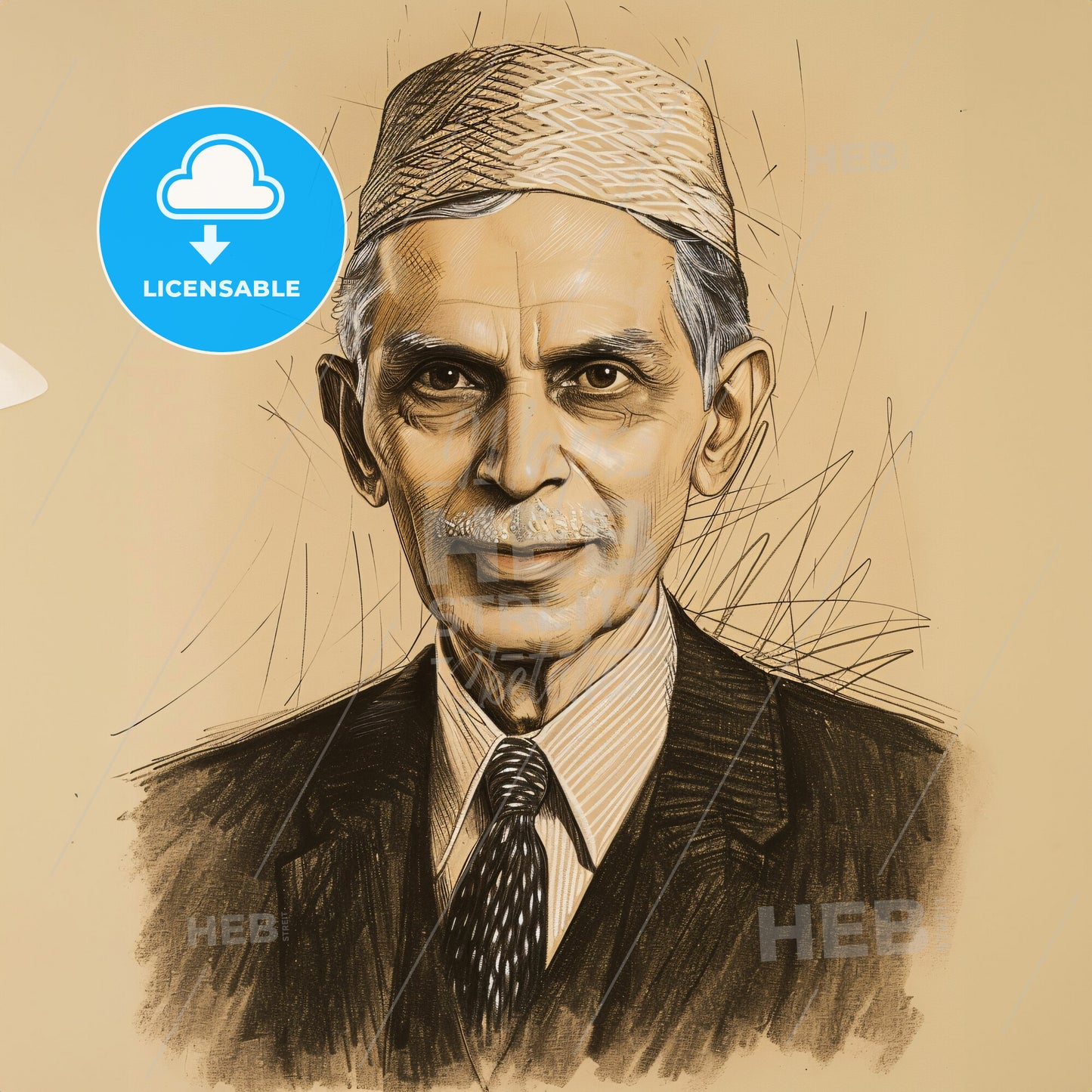 Muhammad Ali Jinnah, 1876 - 1948, Pakistani independence leader - A Drawing Of A Man Wearing A Suit And Tie