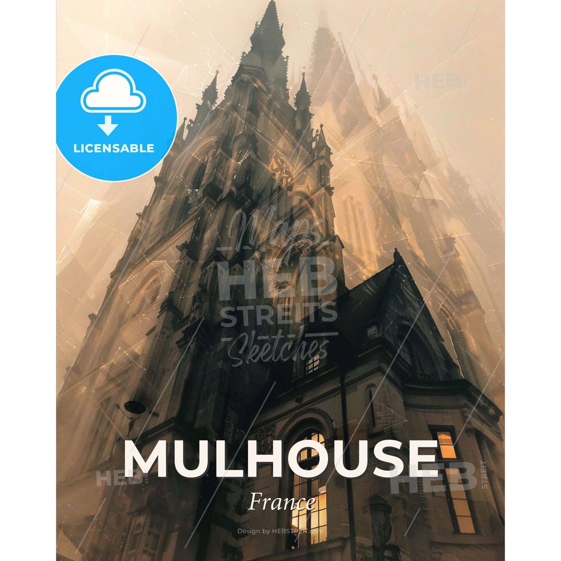 Mulhouse Skyline Double Exposure Art Poster - A large building with a tower - Square format print template