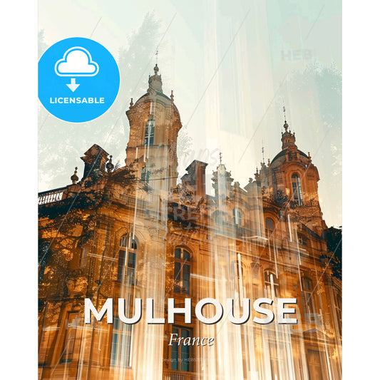 Mulhouse Skyline Composite Art Poster - A building with a tower and a light reflection - Square format print template