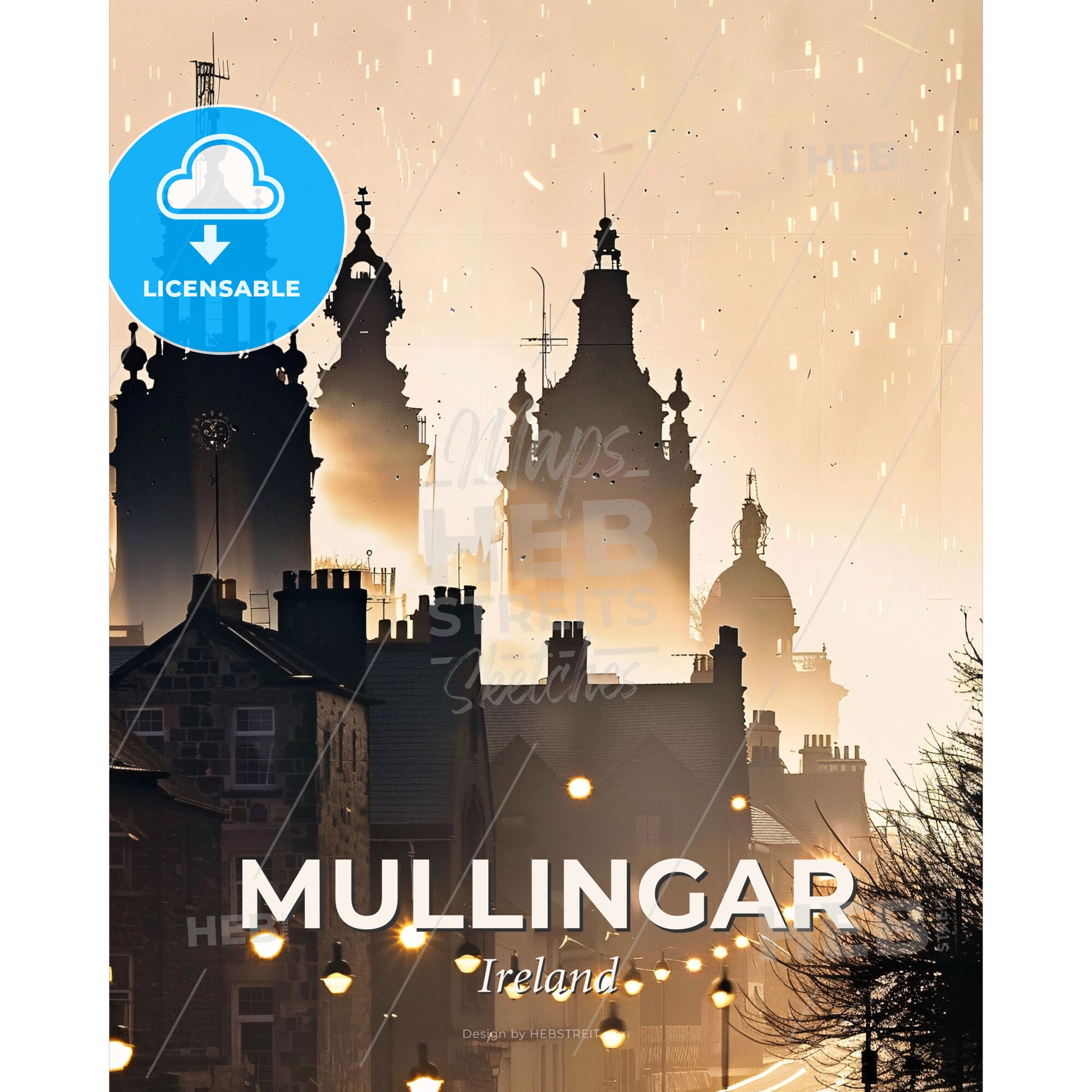 Mullingar, Ireland: A City Illuminated in Art - A city with buildings and a foggy sky - Square format print template