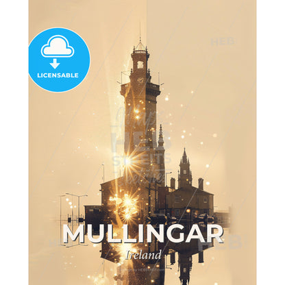 Mullingar City Skyline Silhouette Double Exposure Poster - A tower with a tower and a building with a tower and a building with a tower and a building with a tower and a tower with a tower and a tower with a tower and a tower with - Square format print template