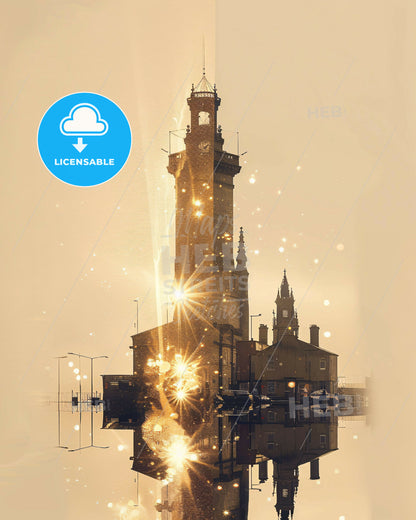 Mullingar City Skyline Silhouette Double Exposure Poster - A tower with a tower and a building with a tower and a building with a tower and a building with a tower and a tower with a tower and a tower with a tower and a tower with
