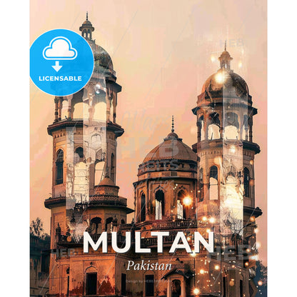 Multan Cityscape Skyline Double Exposure Art - A building with towers and lights - Square format print template