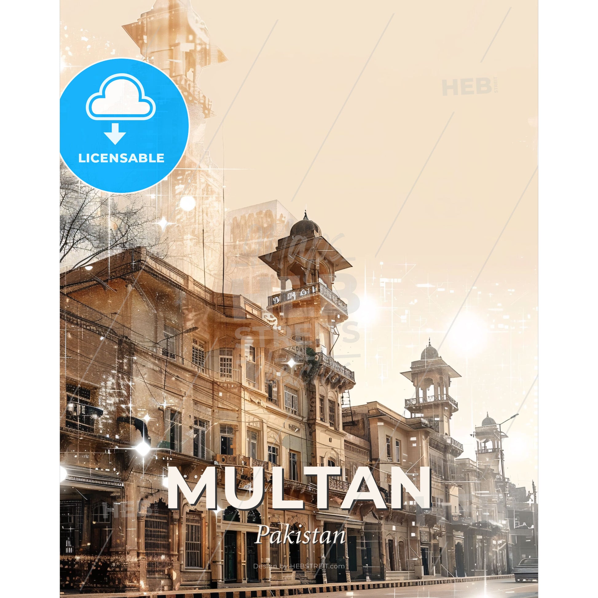 Multan City Skyline Double Exposure Poster Art - A building with many windows - Square format print template
