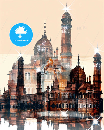 Mumbai's Shimmering Skyline on Warm Beige - A large building with towers and towers