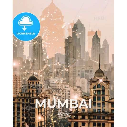 Mumbai Skyline Double Exposure Art - A city with many buildings - Square format print template