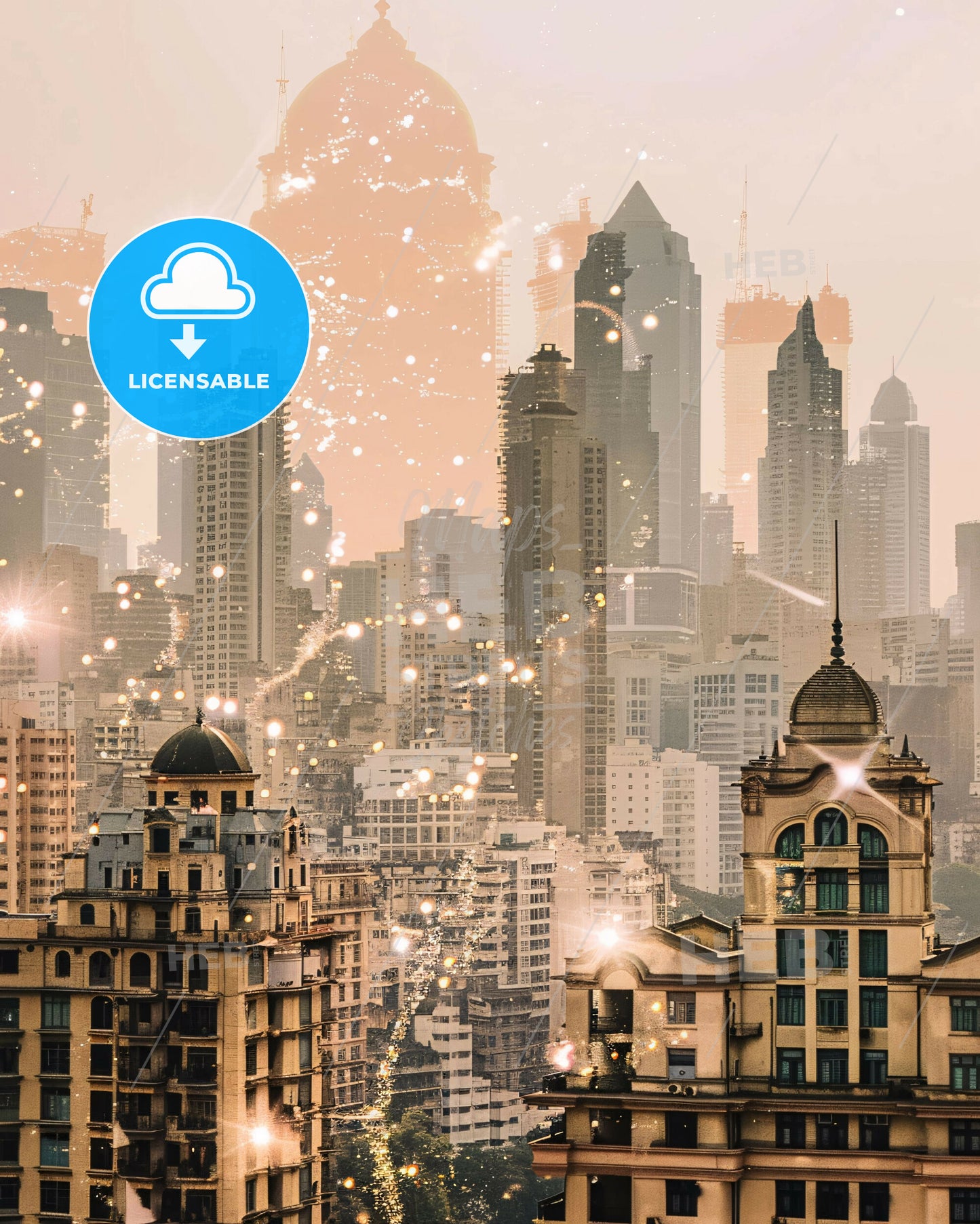 Mumbai Skyline Double Exposure Art - A city with many buildings