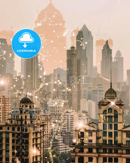 Mumbai Skyline Double Exposure Art - A city with many buildings