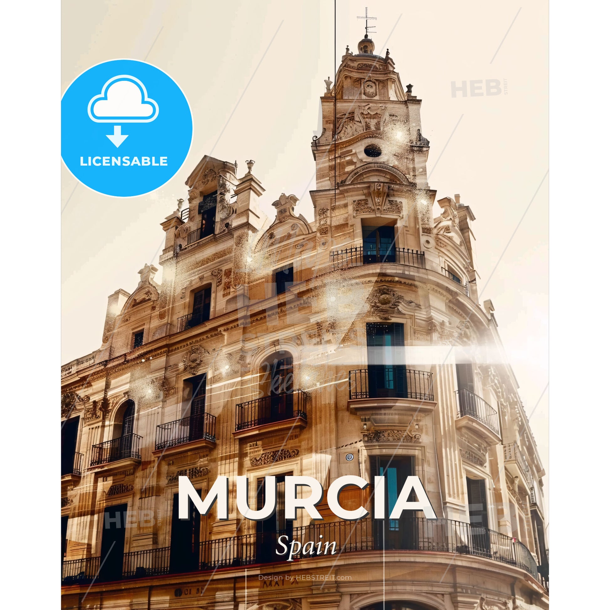 Murcia Cityscape Composite: Architecture and Skyline Glow - A building with a tower - Square format print template