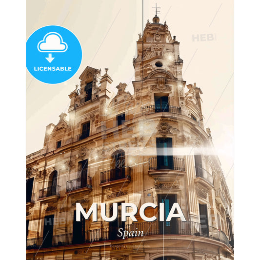 Murcia Cityscape Composite: Architecture and Skyline Glow - A building with a tower - Square format print template