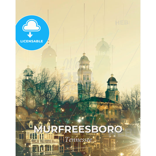 Murfreesboro Skyline Exposed on Beige - A city with towers and trees - Square format print template