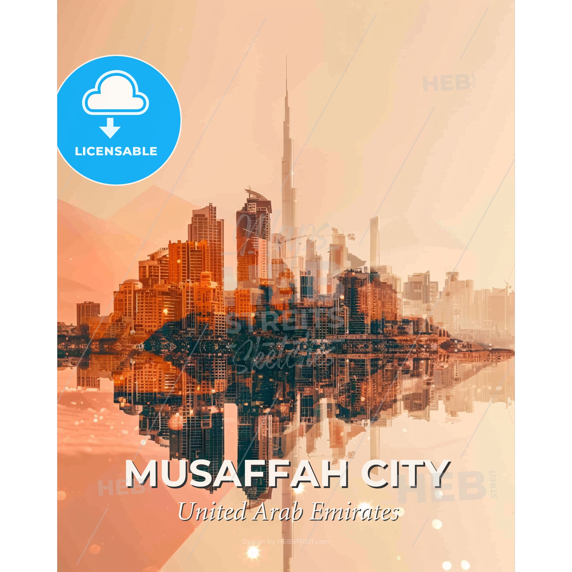 Musaffah City Skyline Double Exposure Composite Art - A city skyline reflected in water - Square format print template
