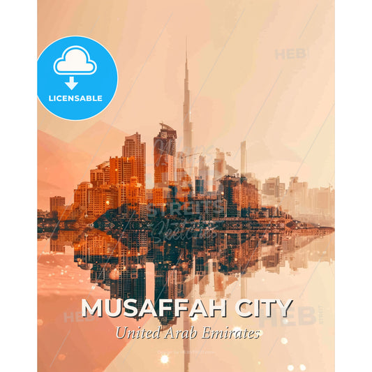 Musaffah City Skyline Double Exposure Composite Art - A city skyline reflected in water - Square format print template