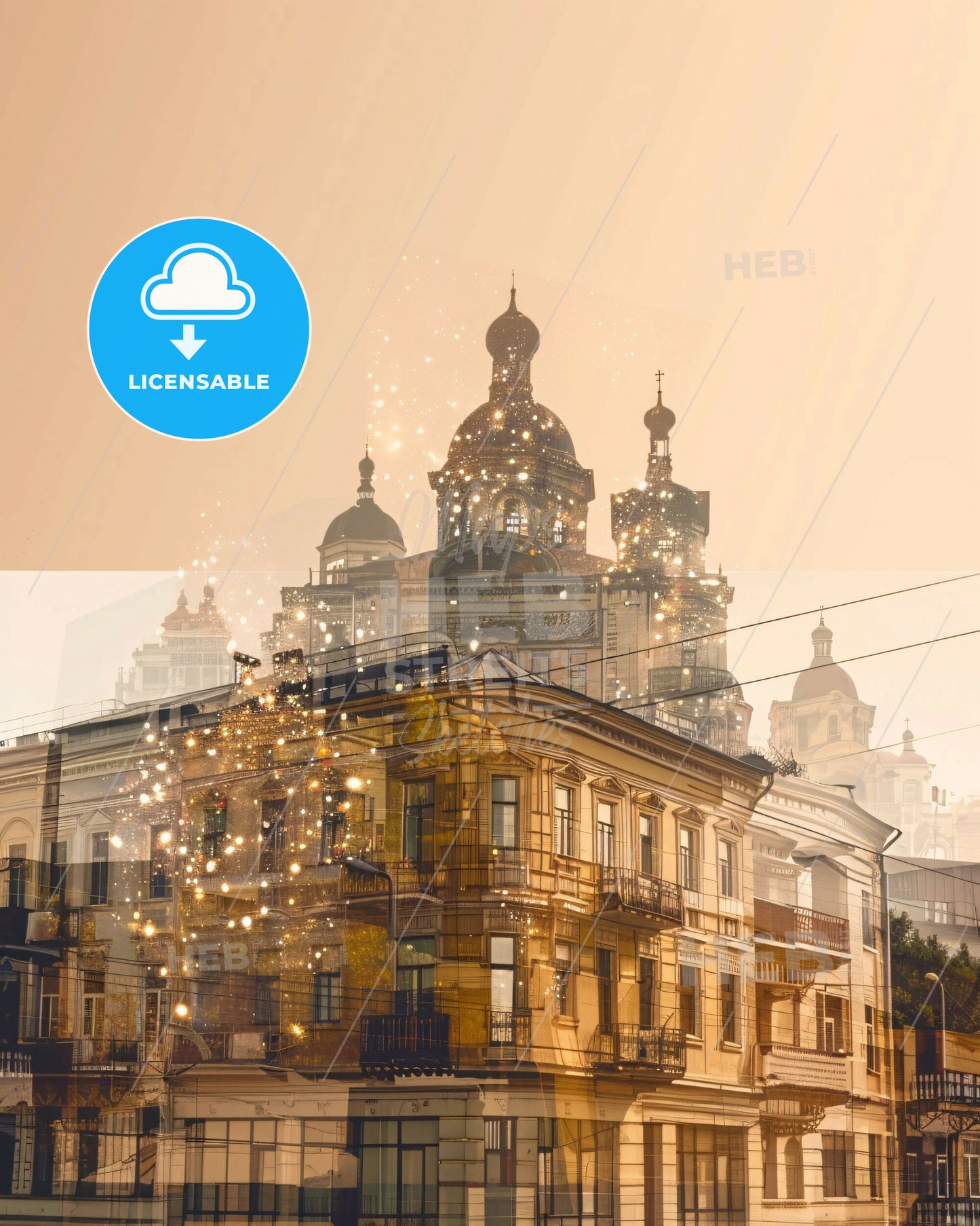 Mykolaivs Architectural Icons Double Exposure Skyline Poster - A building with a dome and a building with lights