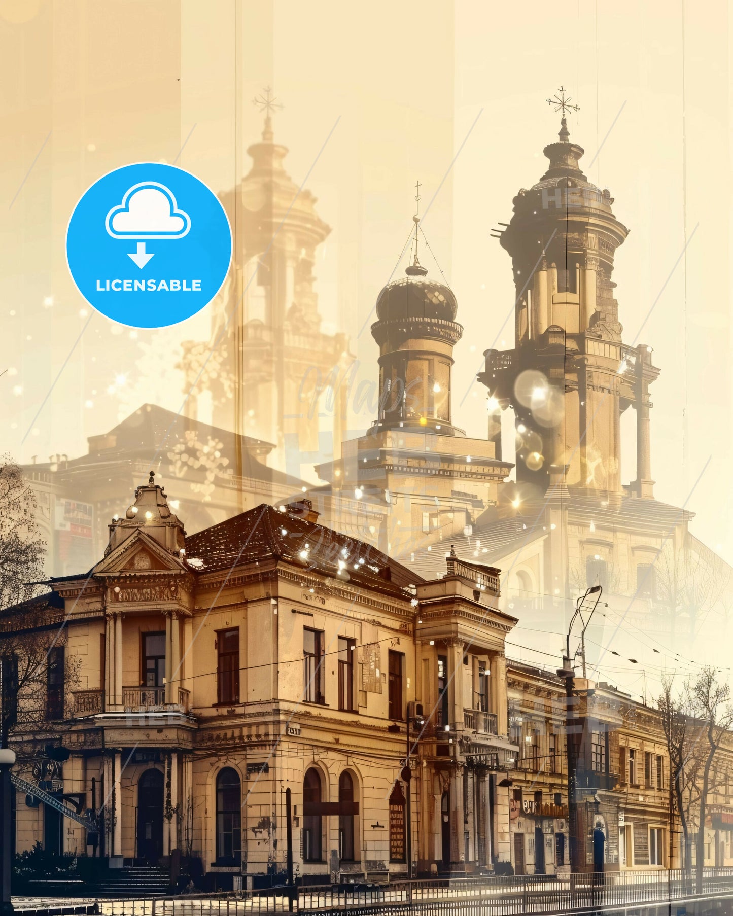 Mykolaiv Cityline Double Exposure Skyline Art with Paper Texture - A building with towers and a street