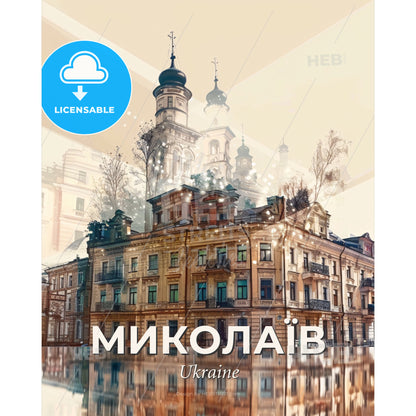 Mykolaiv Ukraine City Composite Artwork Skyline - A building with a tower and a reflection of a building - Square format print template