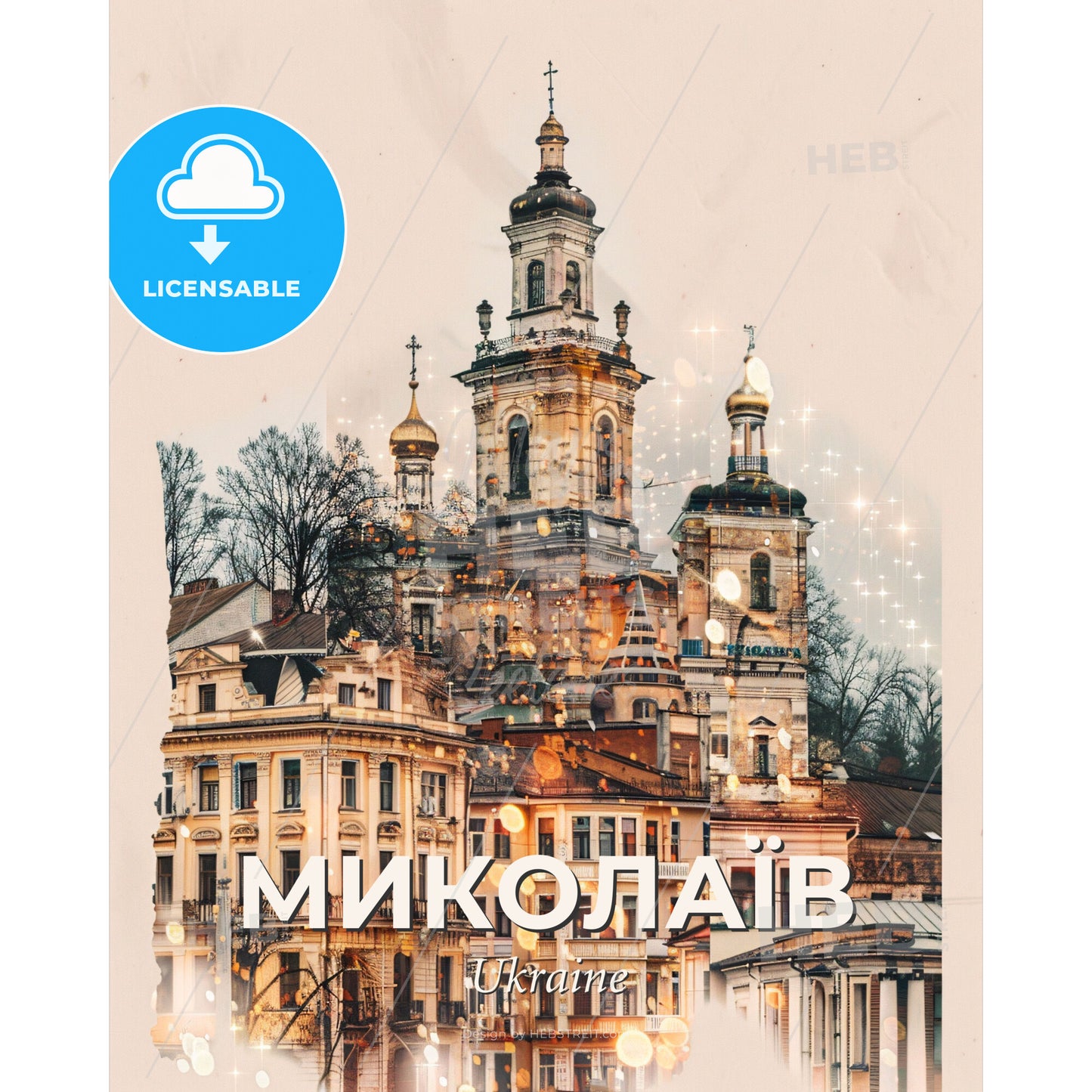 Mykolaiv Cityscape Composite Art Poster - A group of buildings with lights - Square format print template