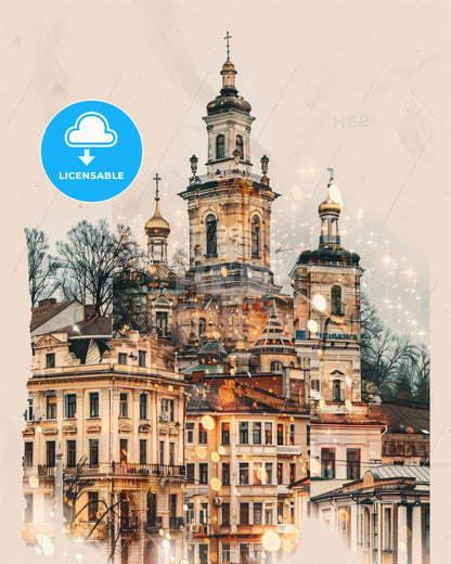 Mykolaiv Cityscape Composite Art Poster - A group of buildings with lights