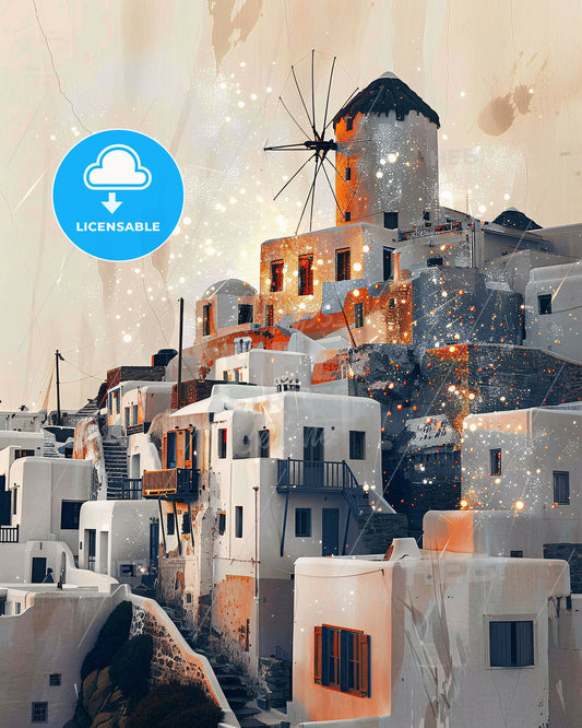 Mykonos Skyline Art: Vibrant Double Exposure Tale - A white buildings with a windmill