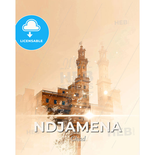 NDjamena Skyline City Lights Vivid Poster - A building with towers and a light beam - Square format print template