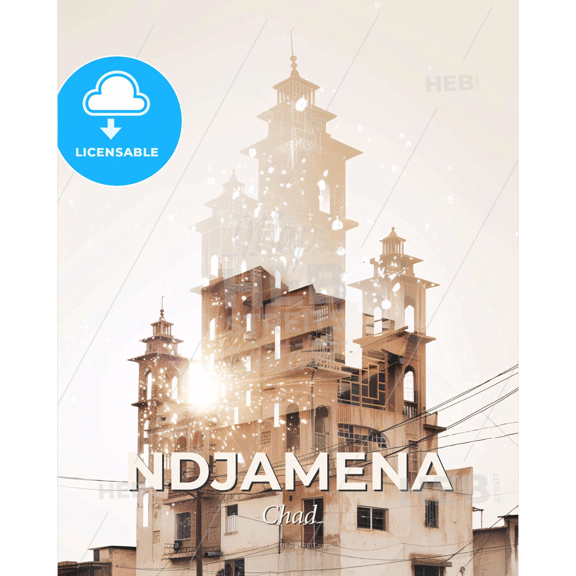 NDjamena Skyline Double Exposure Art Poster - A building with towers and a sun shining through it - Square format print template