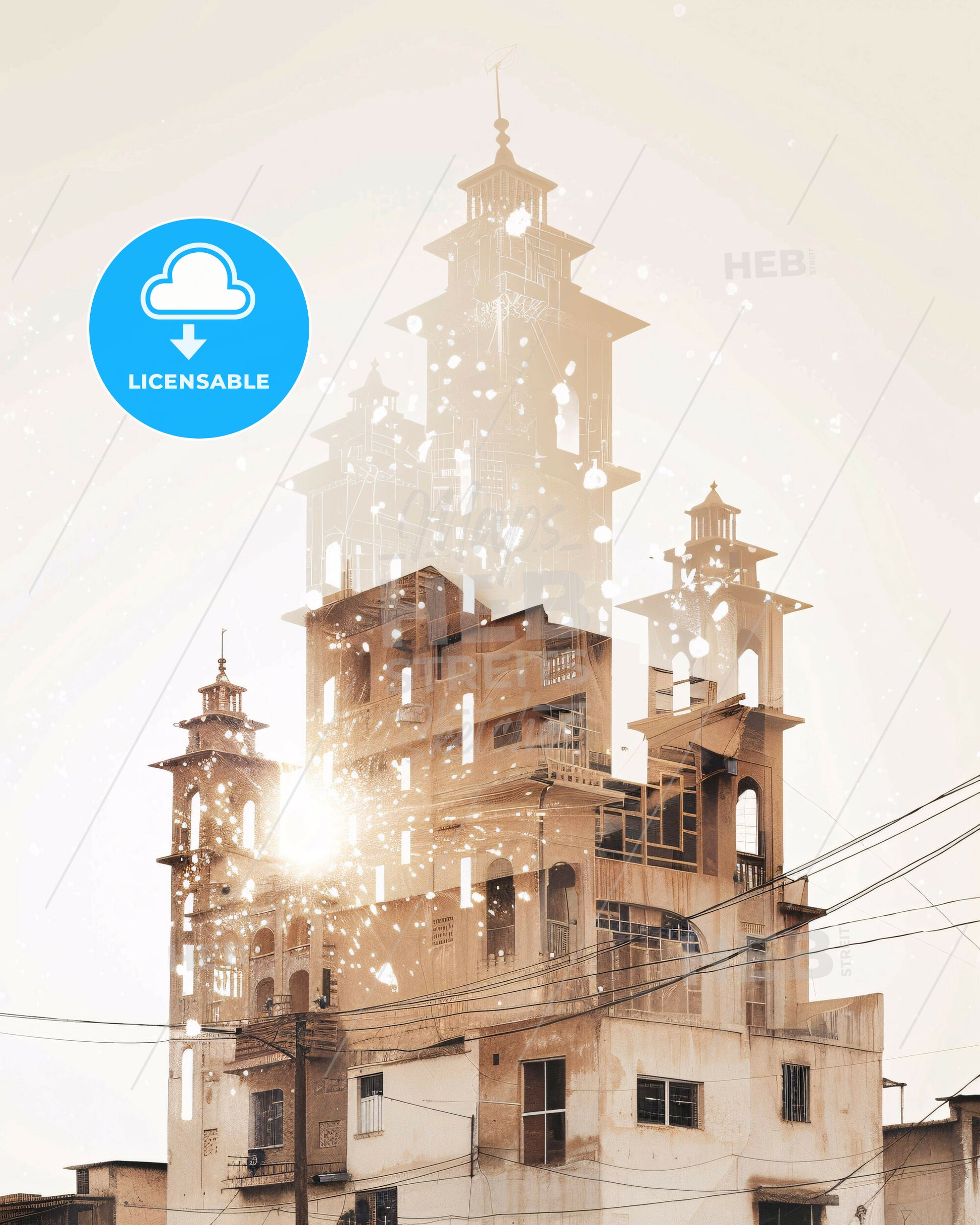 NDjamena Skyline Double Exposure Art Poster - A building with towers and a sun shining through it