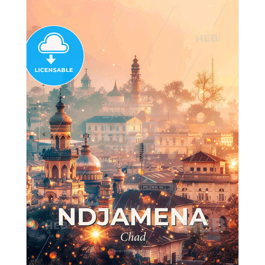 NDjamena Chad Double Exposure Skyline Art Poster - A city with many buildings and a foggy sky - Square format print template