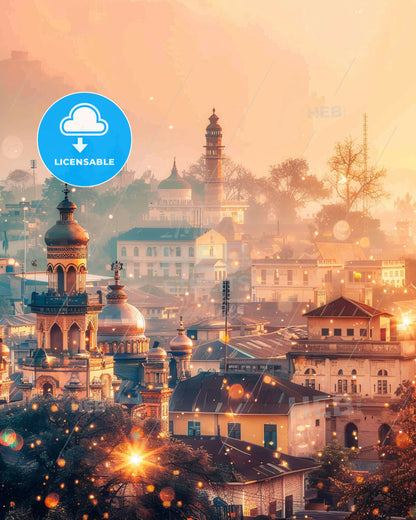 NDjamena Chad Double Exposure Skyline Art Poster - A city with many buildings and a foggy sky