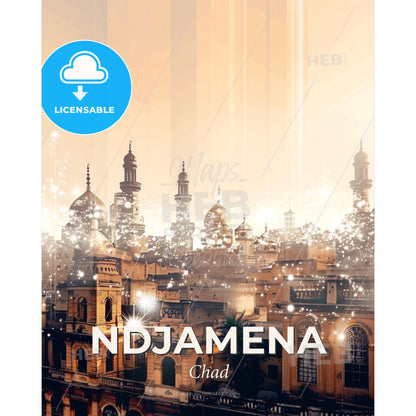 NDjamena Skyline Double Exposure Composite Art Poster - A city with many towers and lights - Square format print template