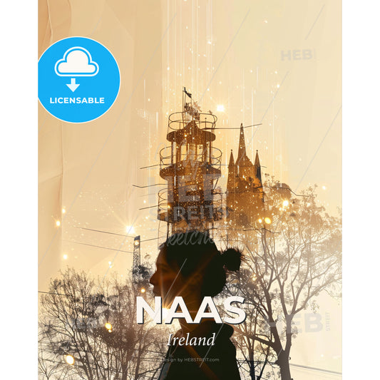 Naas, Ireland City Skyline Silhouette Art - A woman looking at a tower - Square format print template