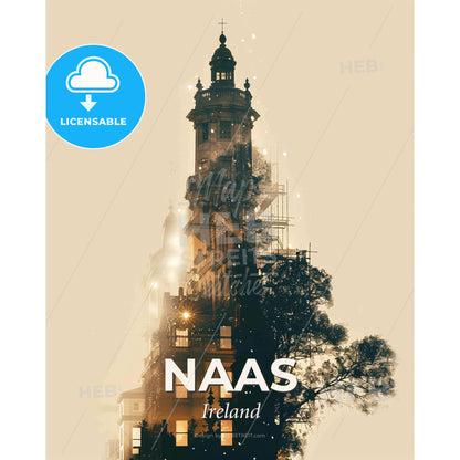Naas Skyline Art Poster: Ireland Icon Silhouette Sparkles - A building with a tower and a tree - Square format print template