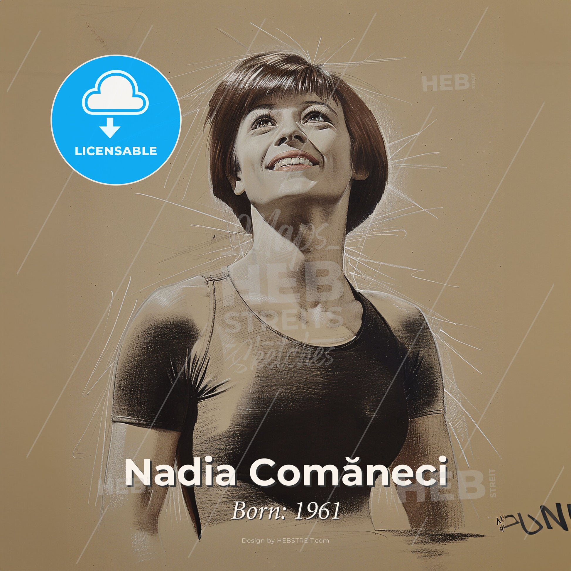 Nadia Comăneci, Born: 1961, Romanian gymnast - A Woman Looking Up And Smiling Print Template