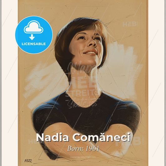 Nadia Comăneci, Born: 1961, Romanian gymnast - A Woman With Short Hair Wearing A Black Shirt Print Template